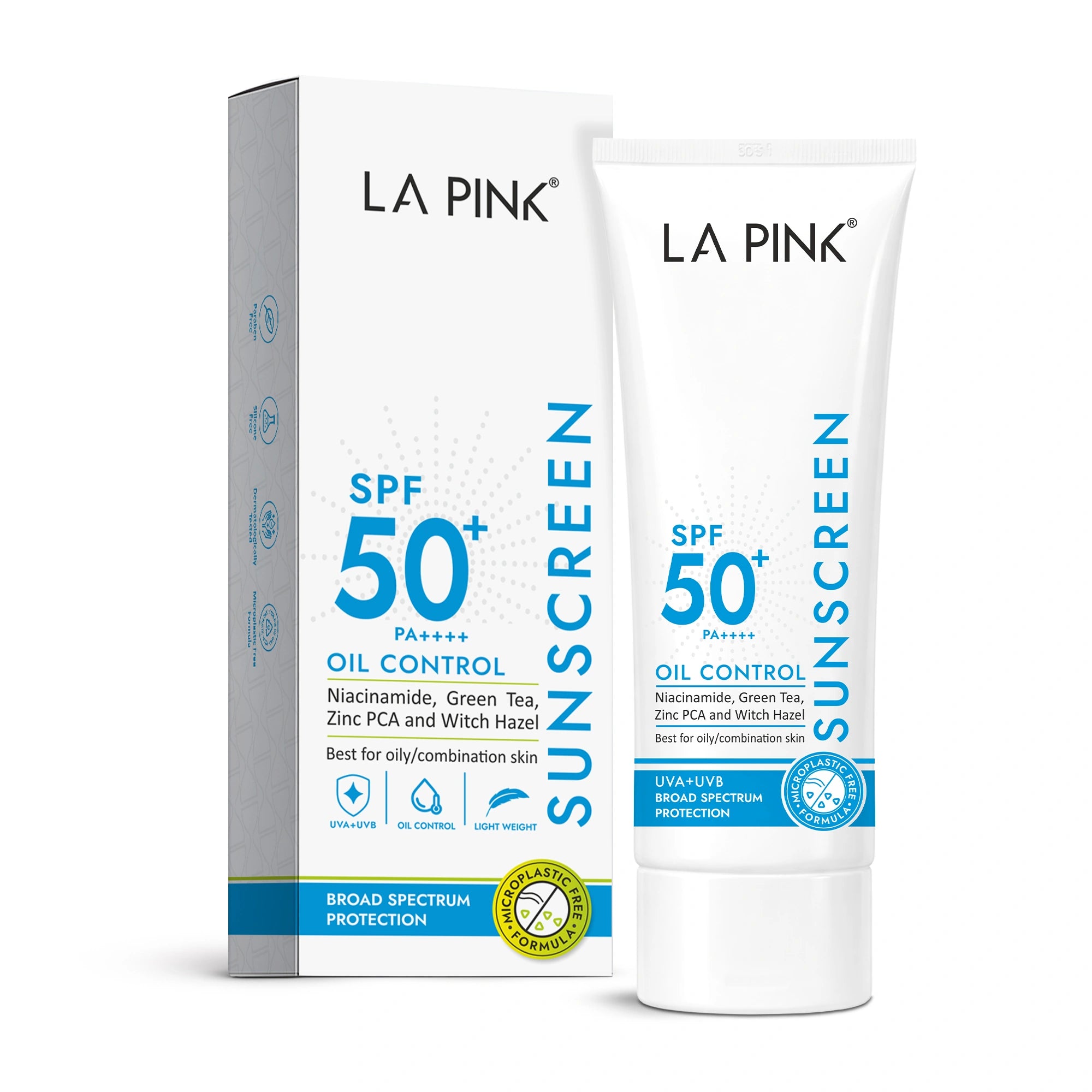 La Pink sunscreen packaging with SPF 50+ on a white background