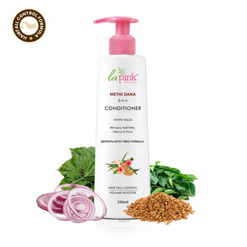 La Pink Methi Dana 8-in-1 Conditioner bottle with ingredients on a white background