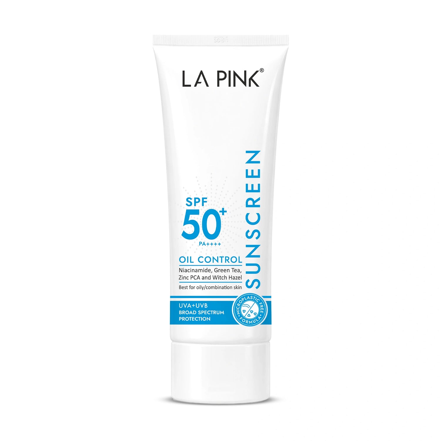 Tube of La Pink sunscreen with SPF 50+ on a white background