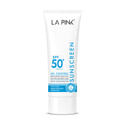 Tube of La Pink sunscreen with SPF 50+ on a white background