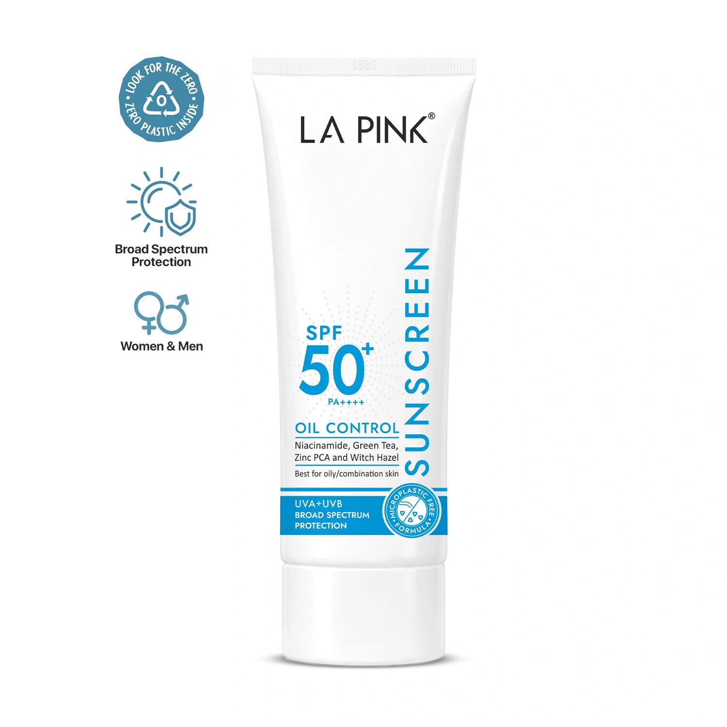 LA Pink sunscreen tube with SPF 50+ on a white background