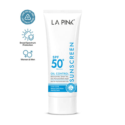 LA Pink sunscreen tube with SPF 50+ on a white background