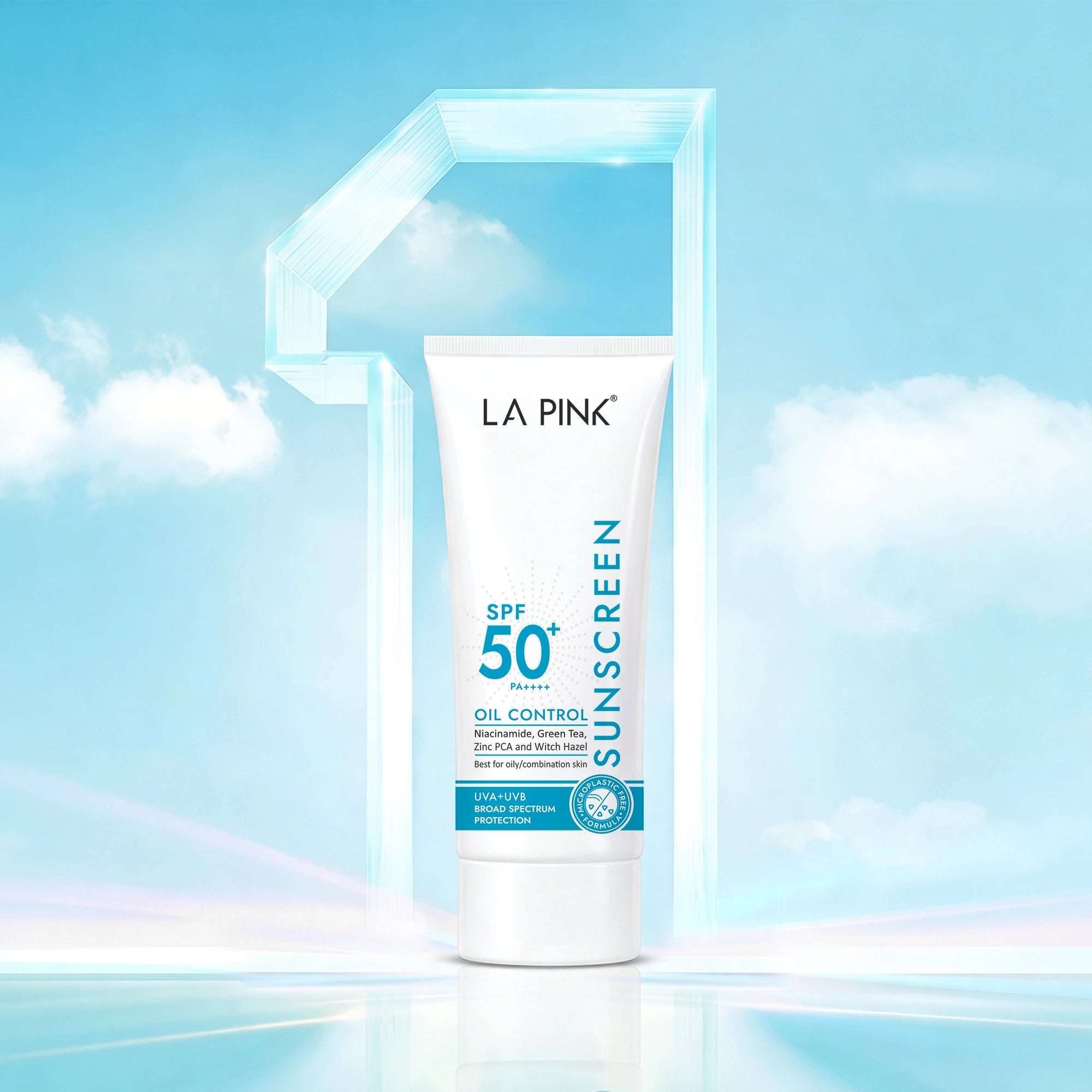 La Pink sunscreen tube with SPF 50+ on a blue sky background