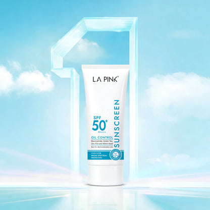 La Pink sunscreen tube with SPF 50+ on a blue sky background