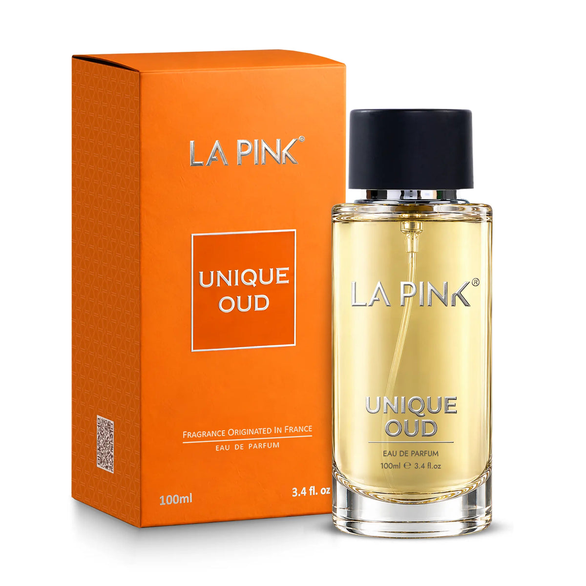 A 100ml bottle of LA PINK Unique Oud Eau de Parfum with its orange packaging box, displayed on a clean white background.

