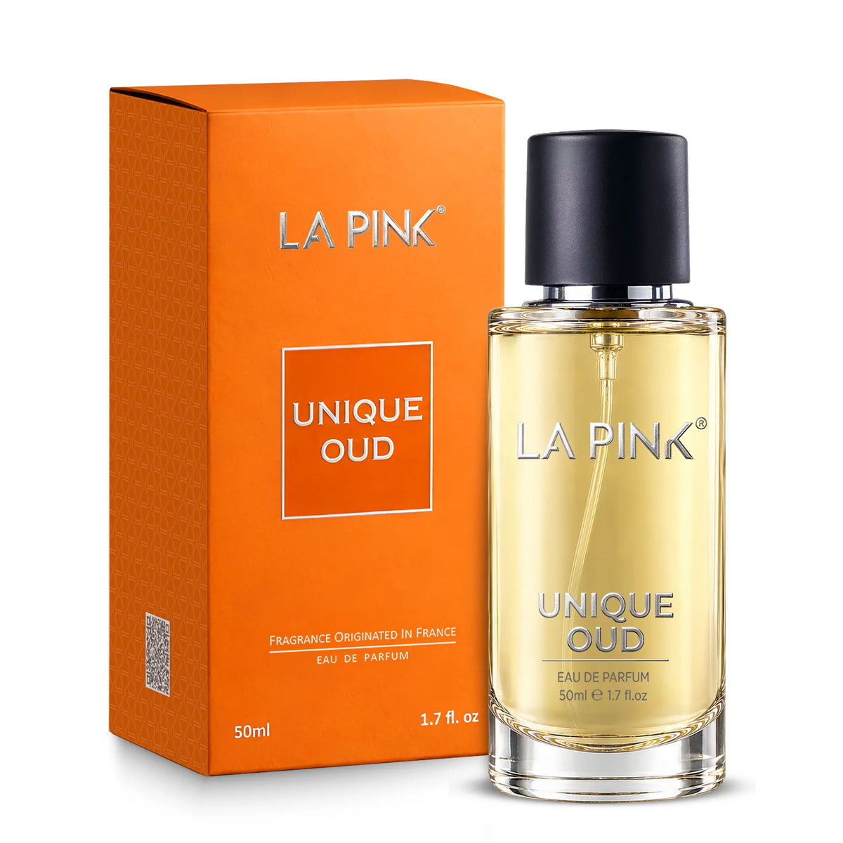 A bottle of LA PINK Unique Oud Eau de Parfum with its orange packaging box, displayed on a clean white background.

