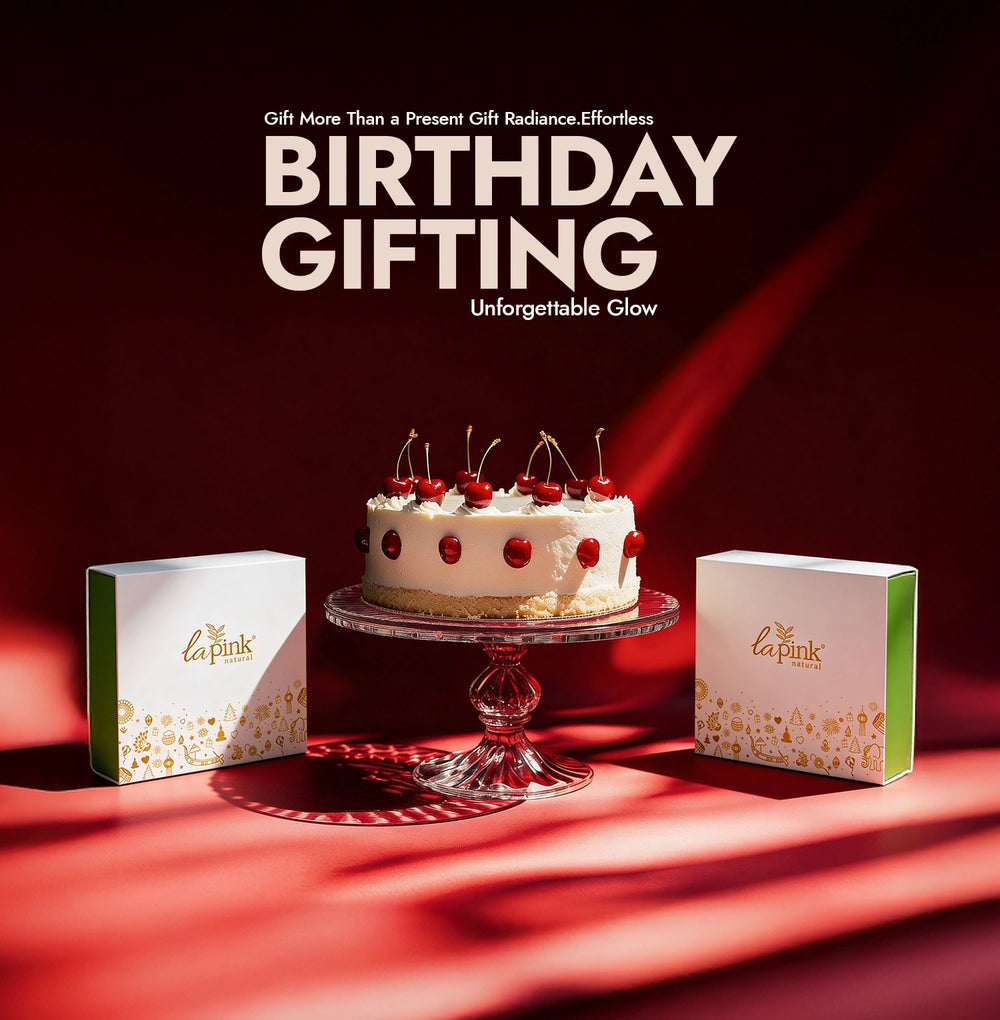 Birthday cake with 'La Pink' boxes on a red and black background, featuring text about birthday gifting.