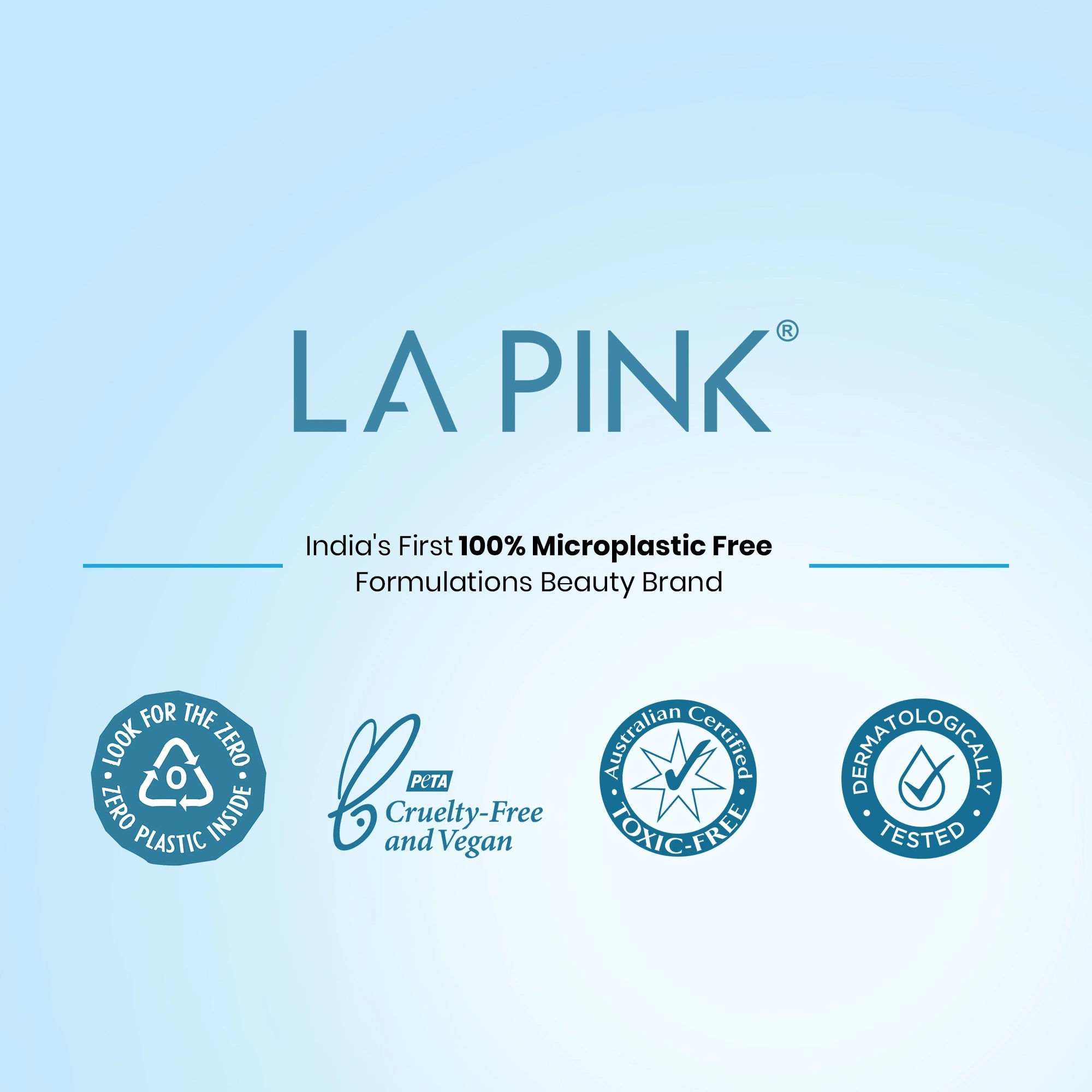 LA Pink branding on a light blue background with certification logos.