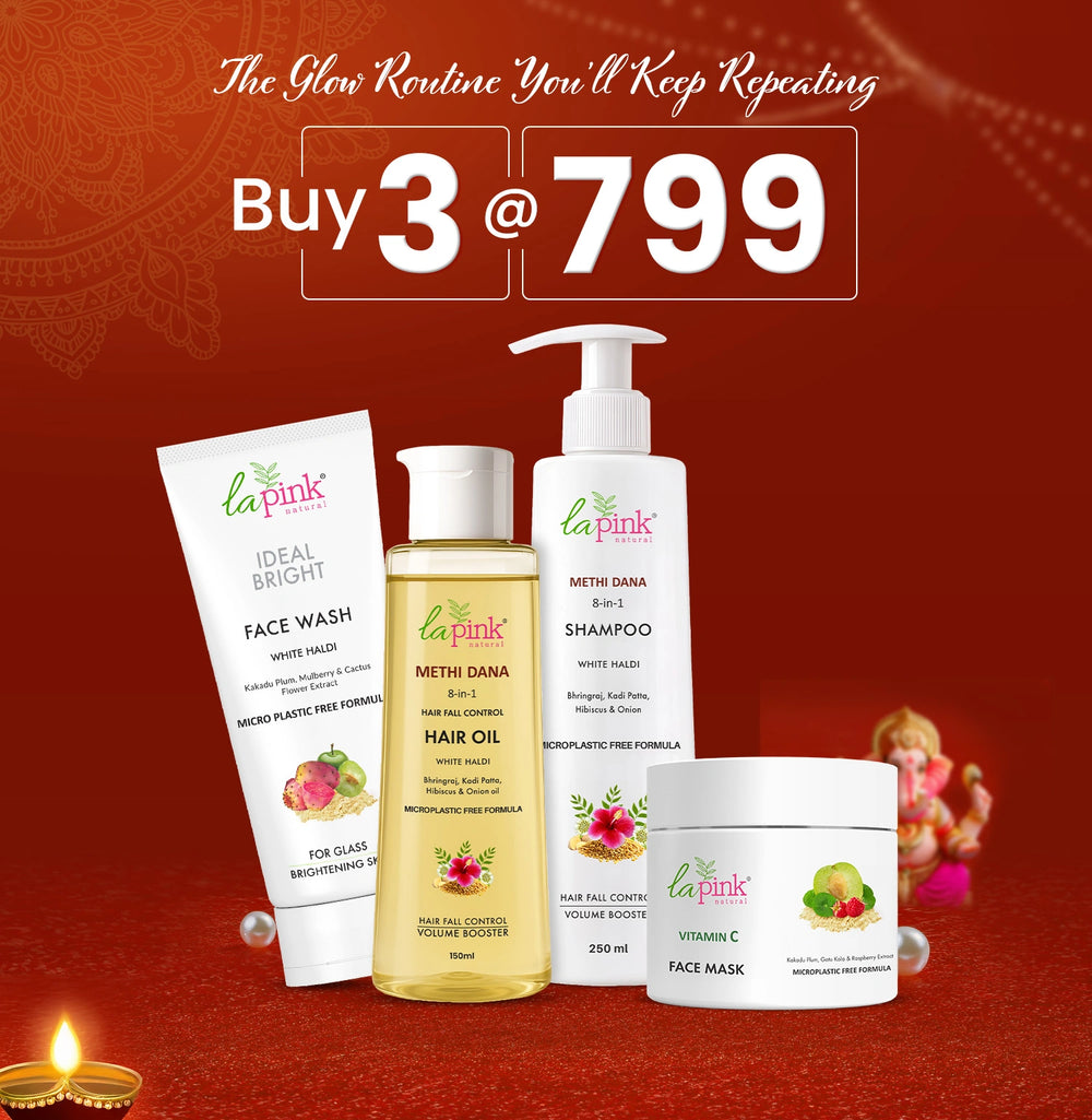 La Pink skincare and hair care products with promotional text on a red background