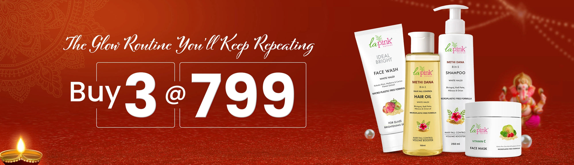 Cosmetic products with promotional text on a red background