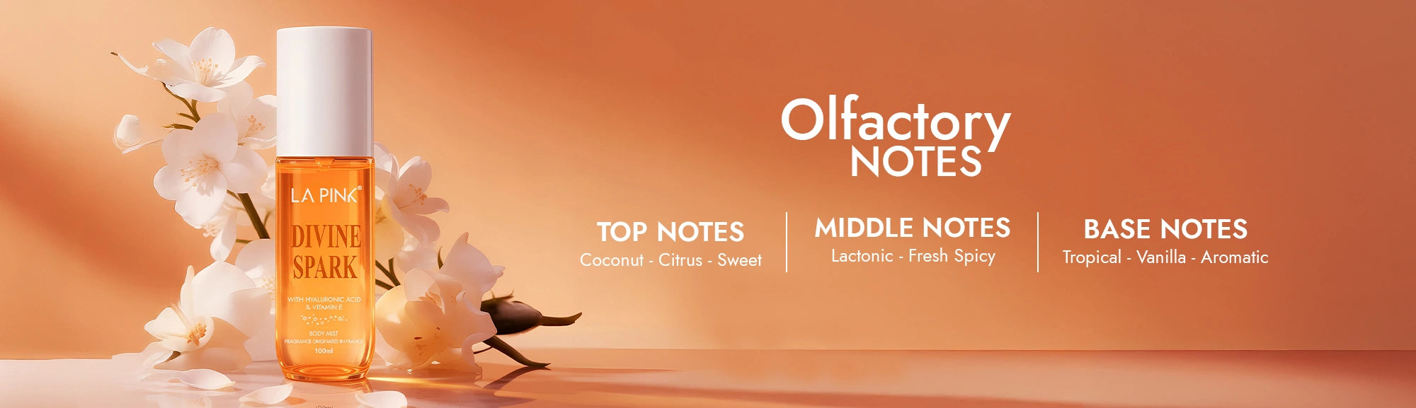 Perfume bottle with floral elements and 'Olfactory Notes' text on an orange background
