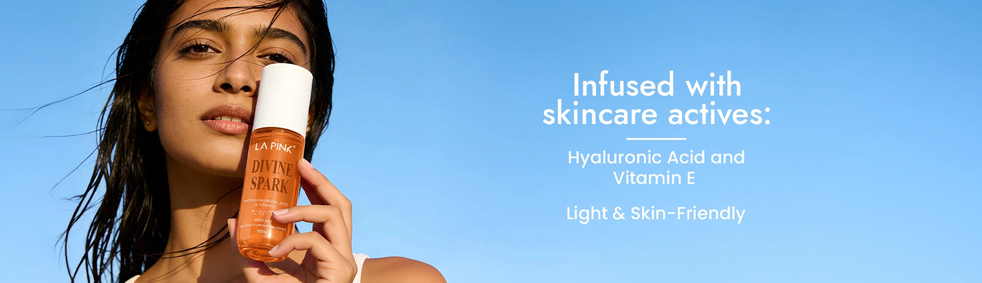 Woman holding a skincare product with text about skincare actives on a blue background