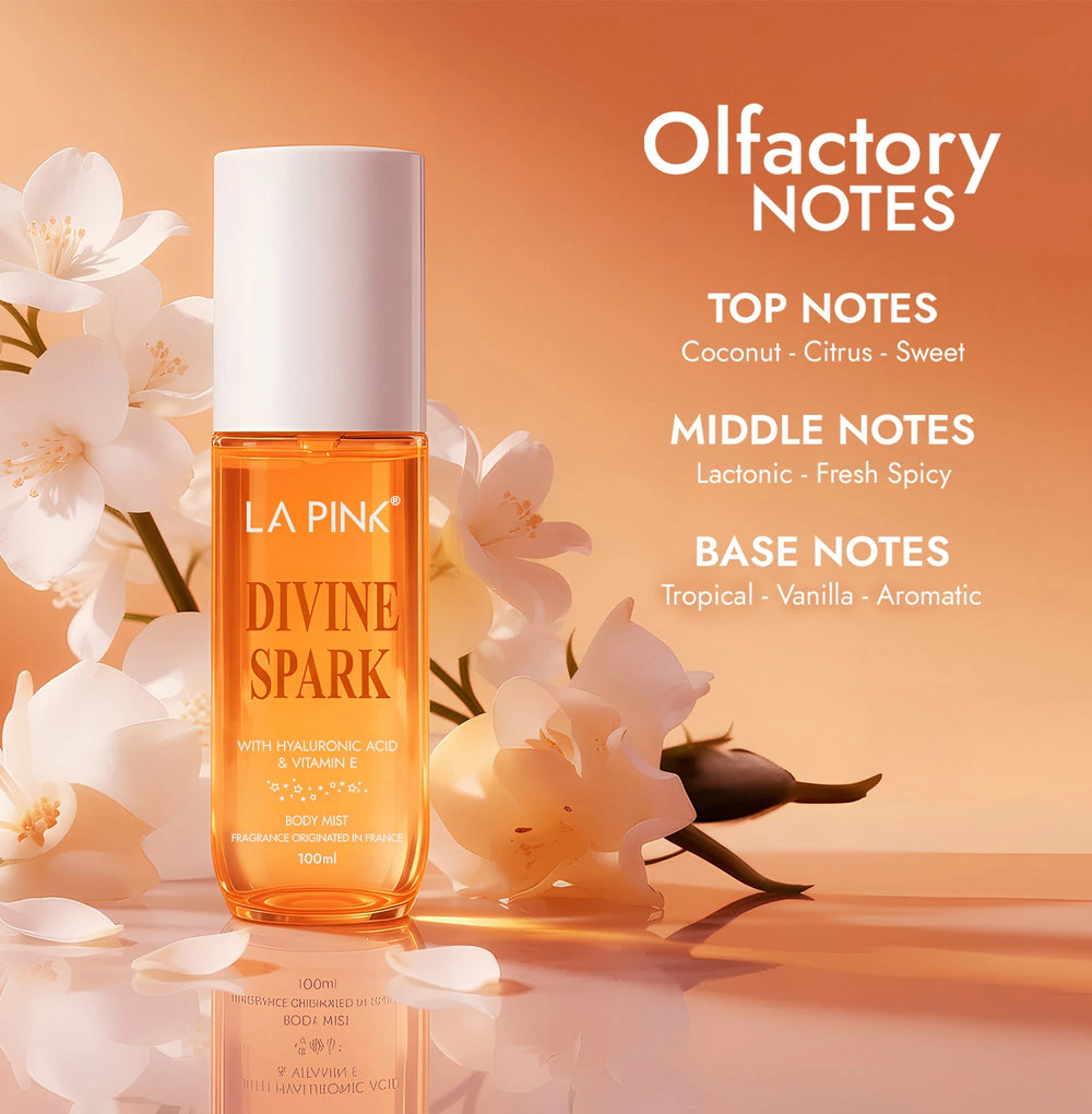 Orange bottle of 'Divine Spark' with floral elements and 'Olfactory Notes' text on an orange background
