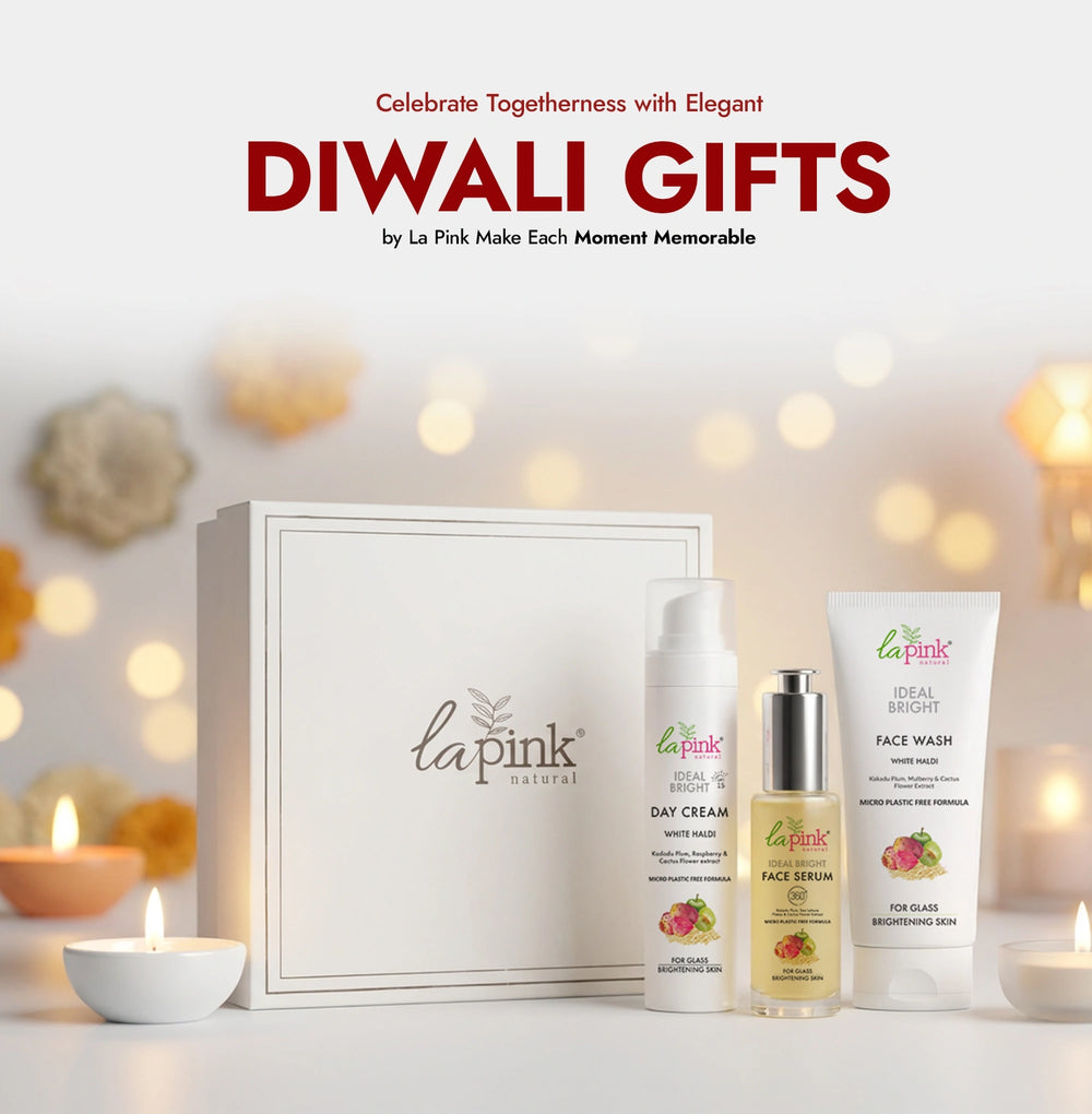 La Pink skincare products with a decorative box on a Diwali-themed background