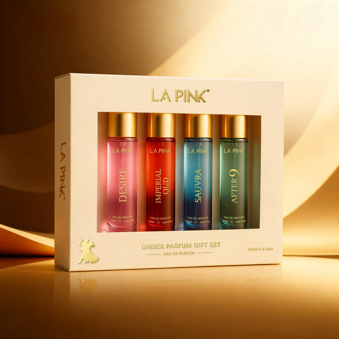 LA Pink perfume gift set with four bottles in a box on a warm background
