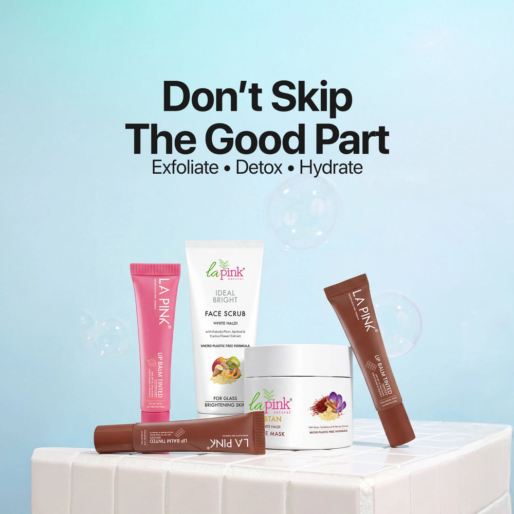 La Pink skincare products on a white surface with a light blue background and text 'Don't Skip The Good Part'.