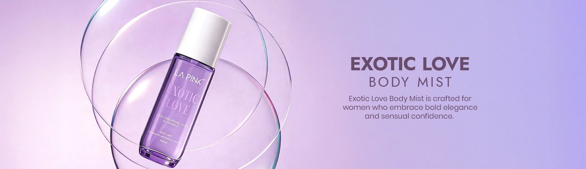 Exotic Love body mist bottle on a purple background with text.