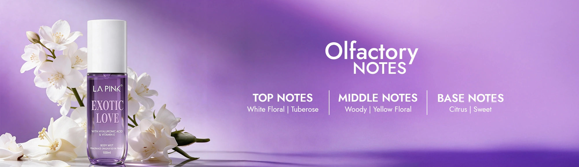 Perfume bottle with floral elements and 'Olfactory Notes' text on a purple background