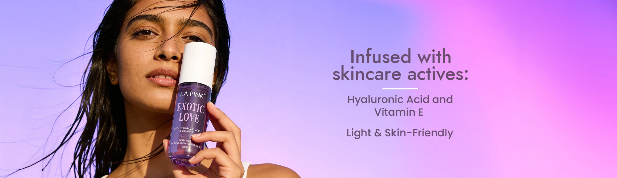 Woman holding a skincare product with text about skincare actives on a gradient background