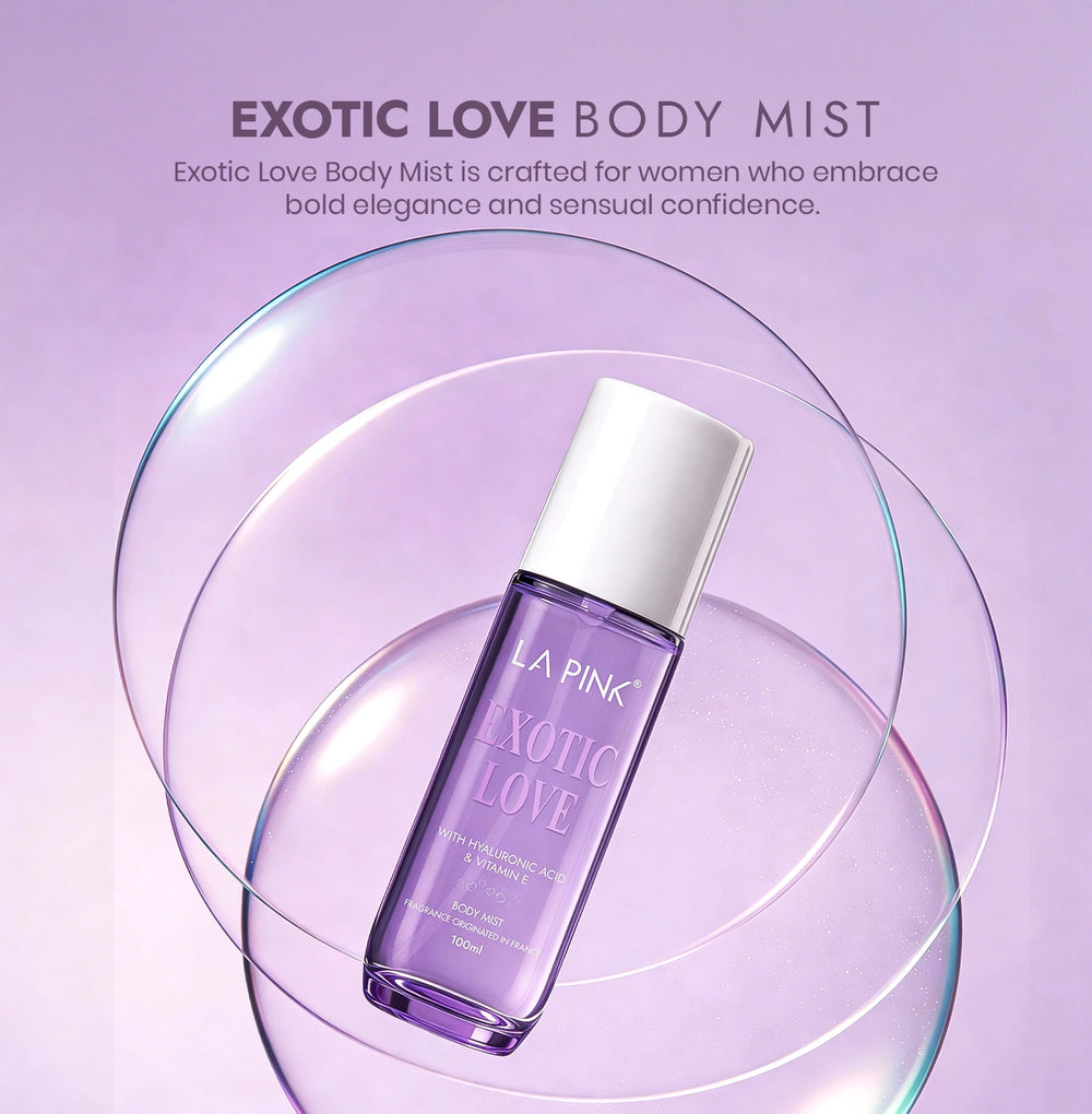 Purple bottle of La Pink Exotic Love Body Mist on a light purple background