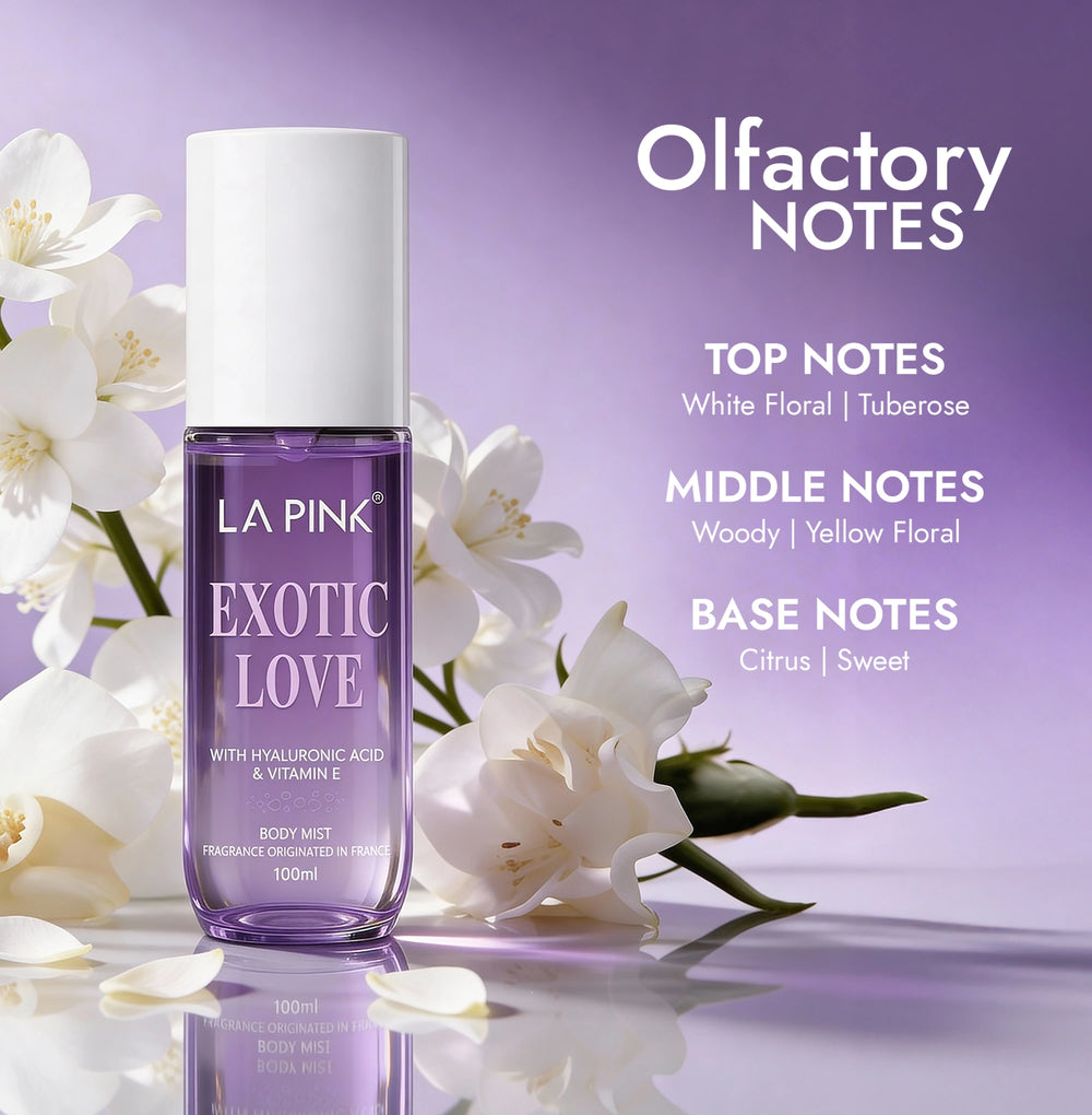 Purple bottle of LA Pink Exotic Love body mist with floral elements on a purple background