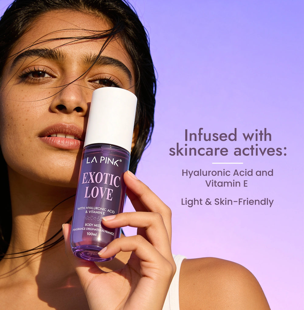 Woman holding a bottle of 'Exotic Love' skincare product with text about ingredients on a purple background