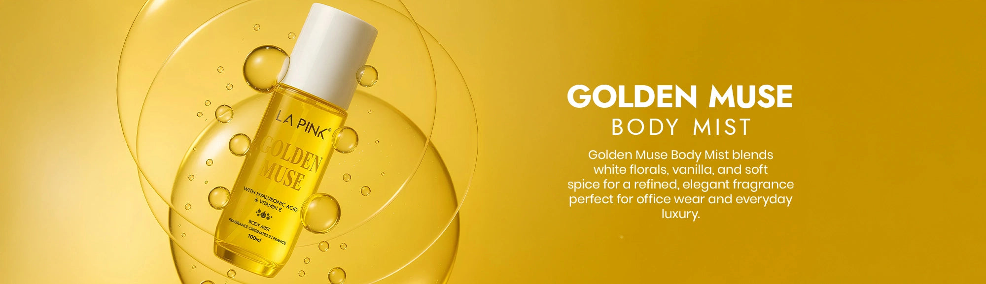 Golden Muse body mist bottle on a yellow background with product details.