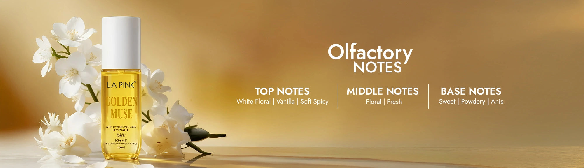 La Mer product with floral elements and olfactory notes text on a warm background