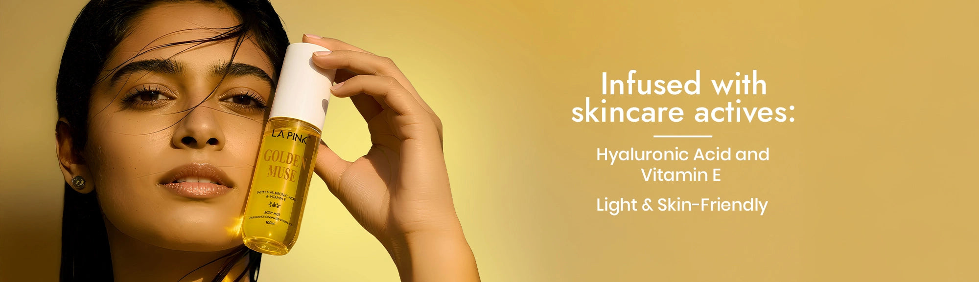 Woman holding a skincare bottle with text about ingredients on a yellow background