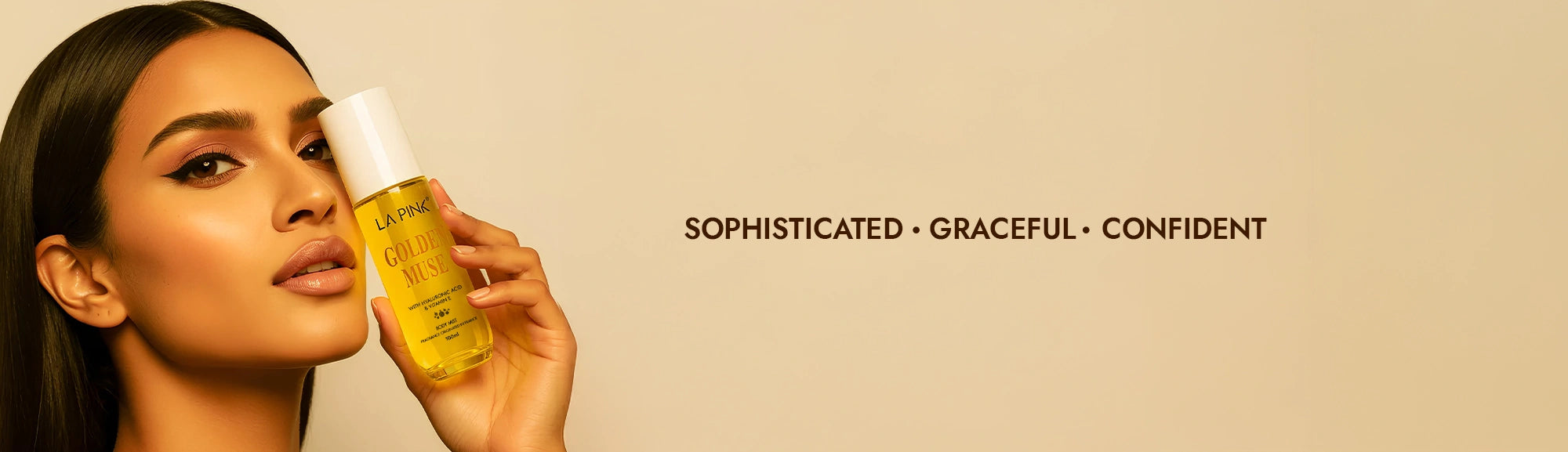 Woman holding a bottle of oil with text 'Sophisticated, Graceful, Confident' on a beige background