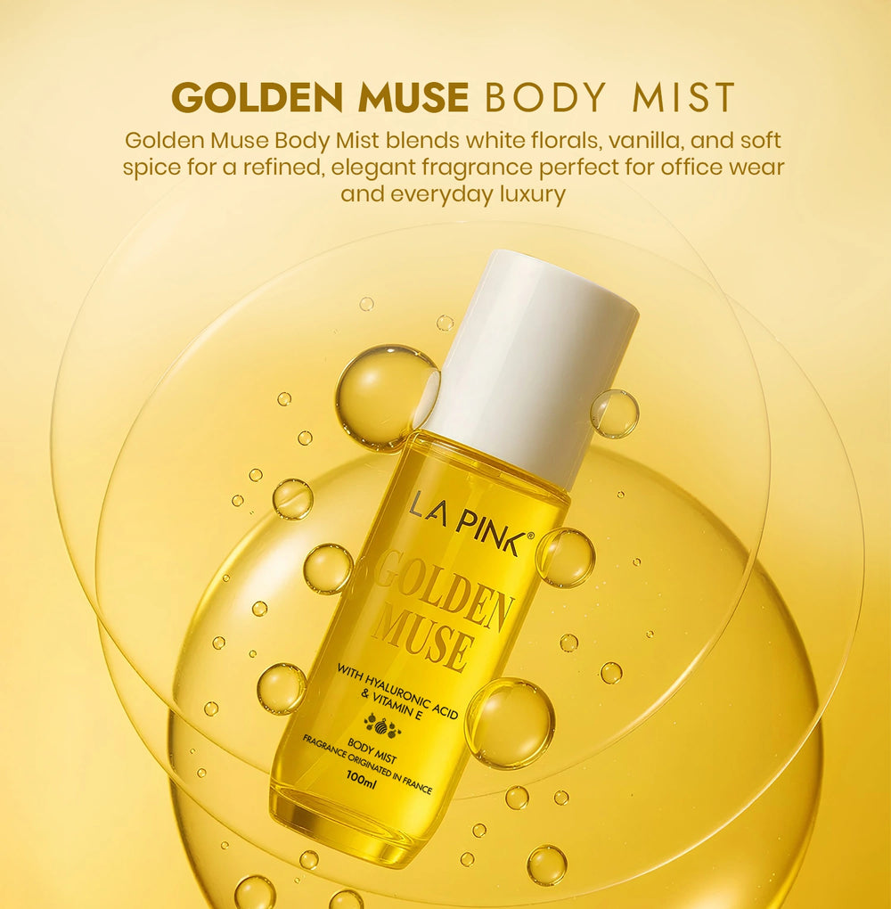 La Pink Golden Muse body mist bottle on a yellow background with product description text.