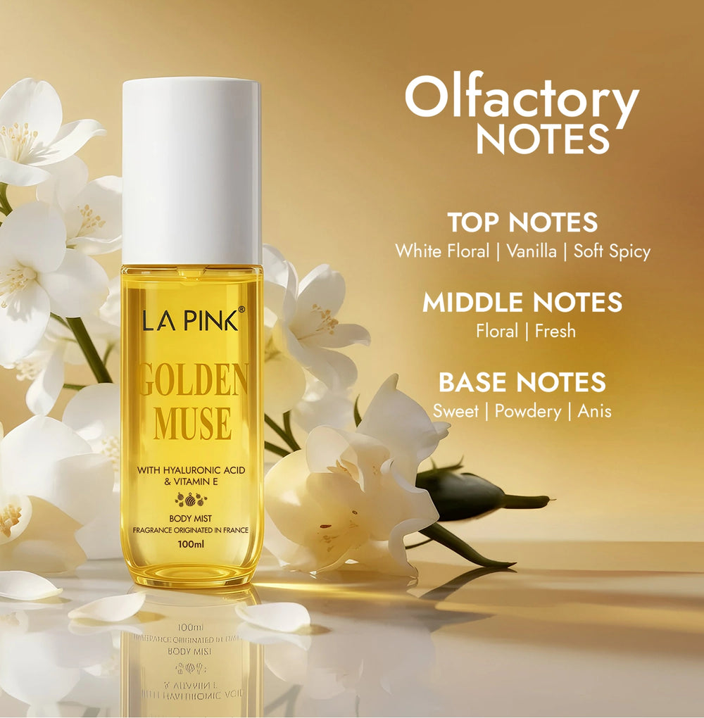 La Pink Golden Muse perfume bottle with floral background and olfactory notes text.