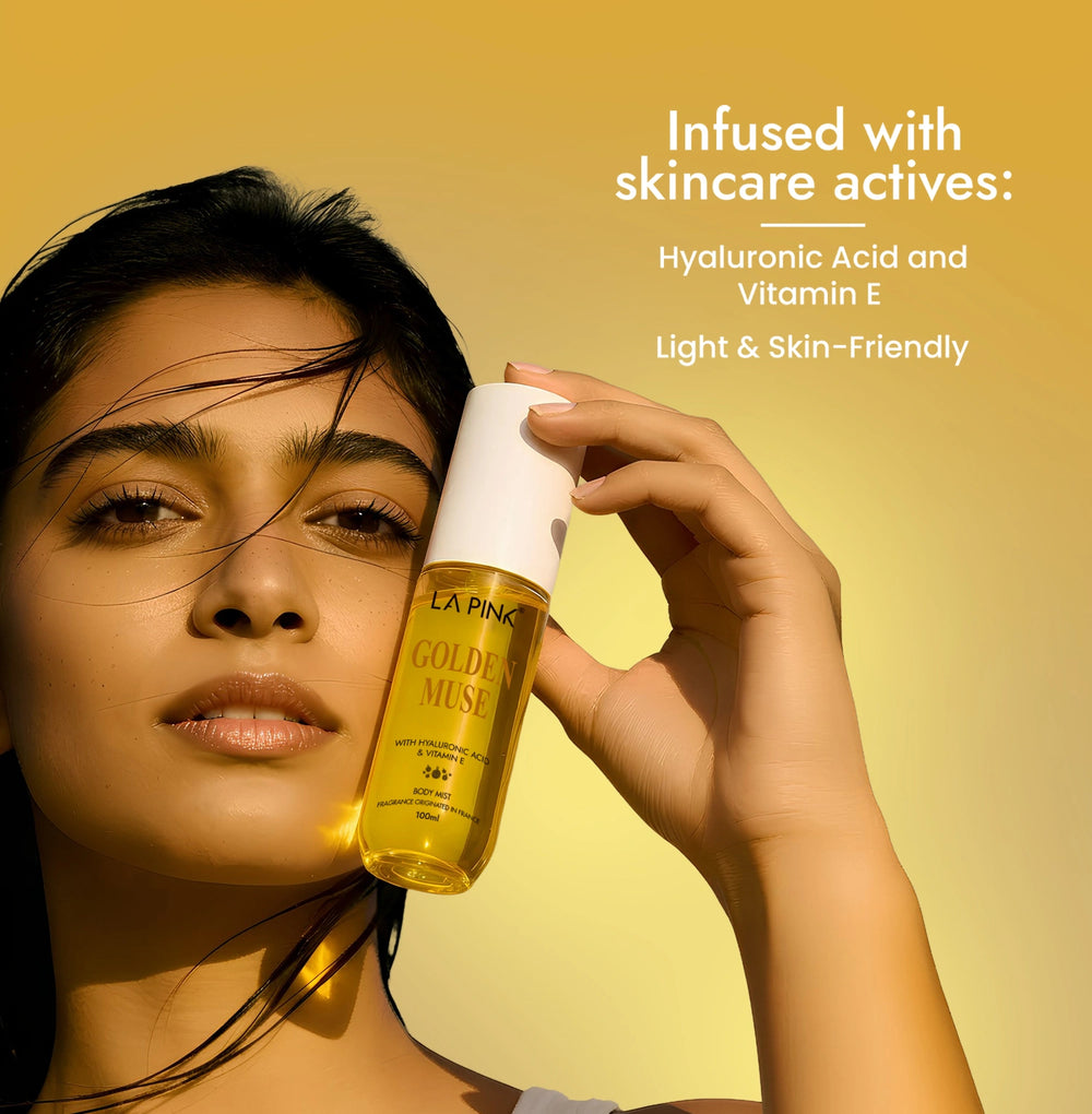 Woman holding a bottle of 'La Pink Gold Muse' skincare product with text about skincare actives on a yellow background
