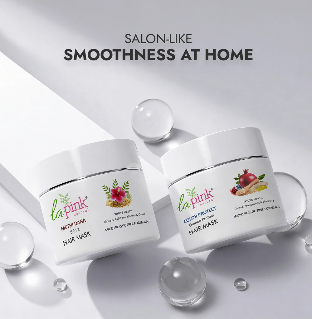 Two jars of La Pink hair mask with product details on a white background