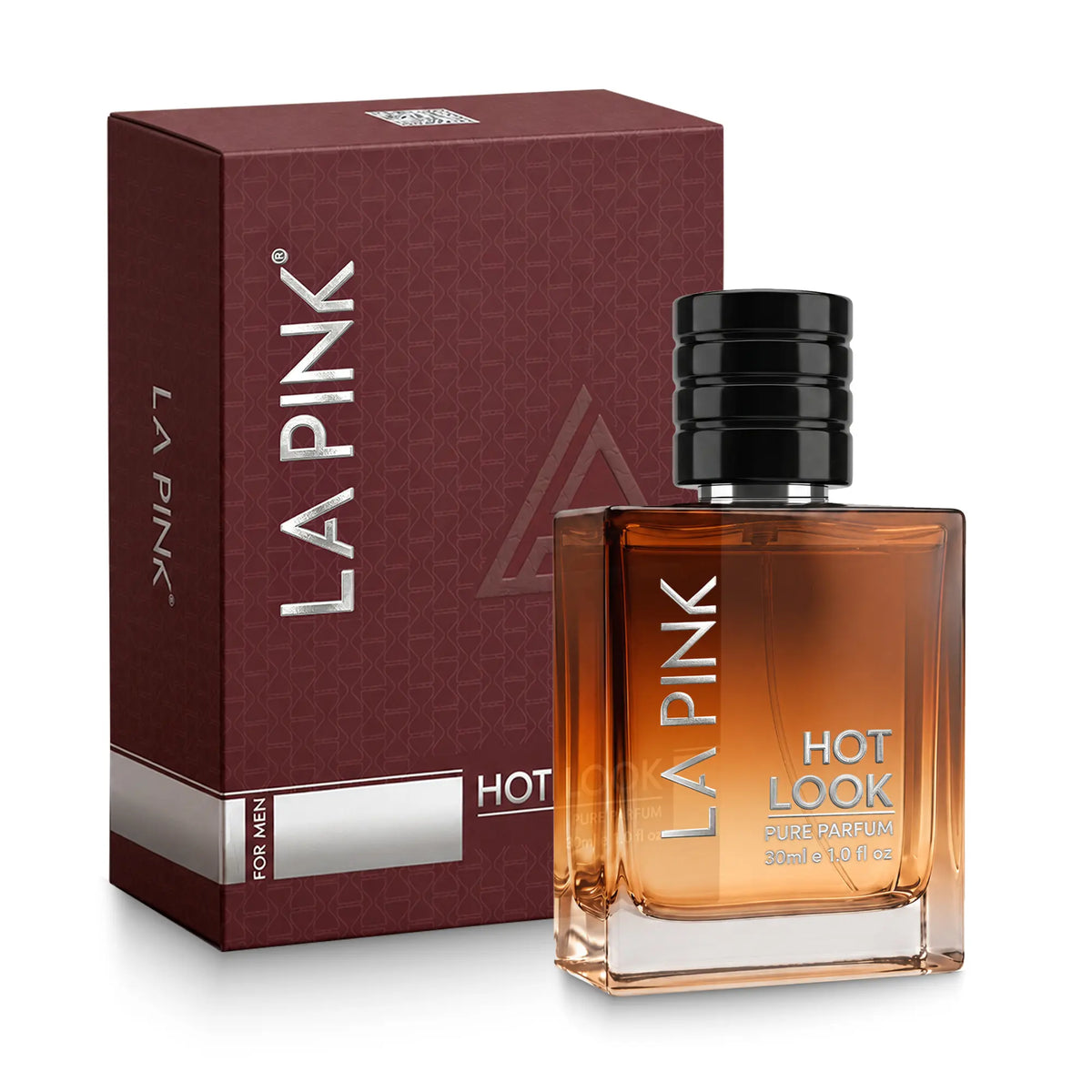 LA PINK Hot Look Super Parfum for men, showing the amber-colored glass bottle with a black cap next to its dark red textured packaging box on a white background.

