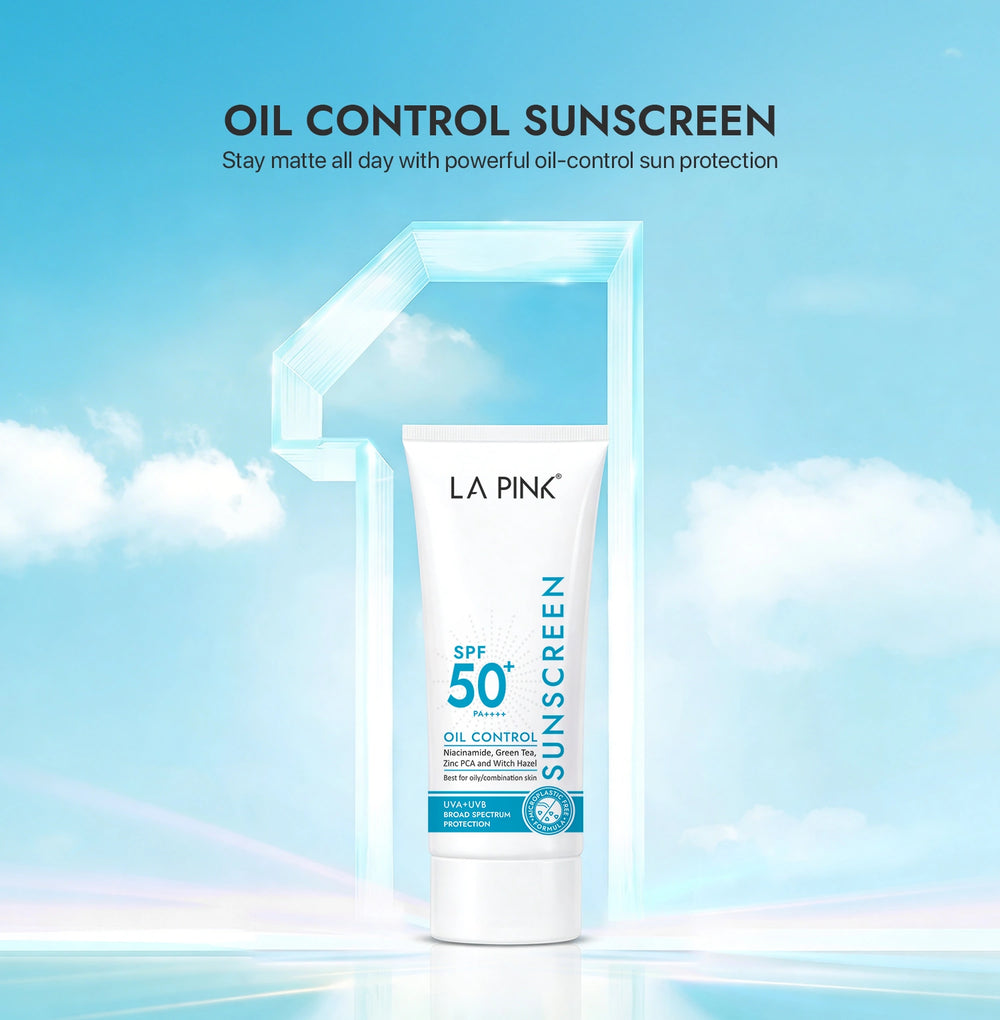 LA Pink oil control sunscreen tube with blue sky background