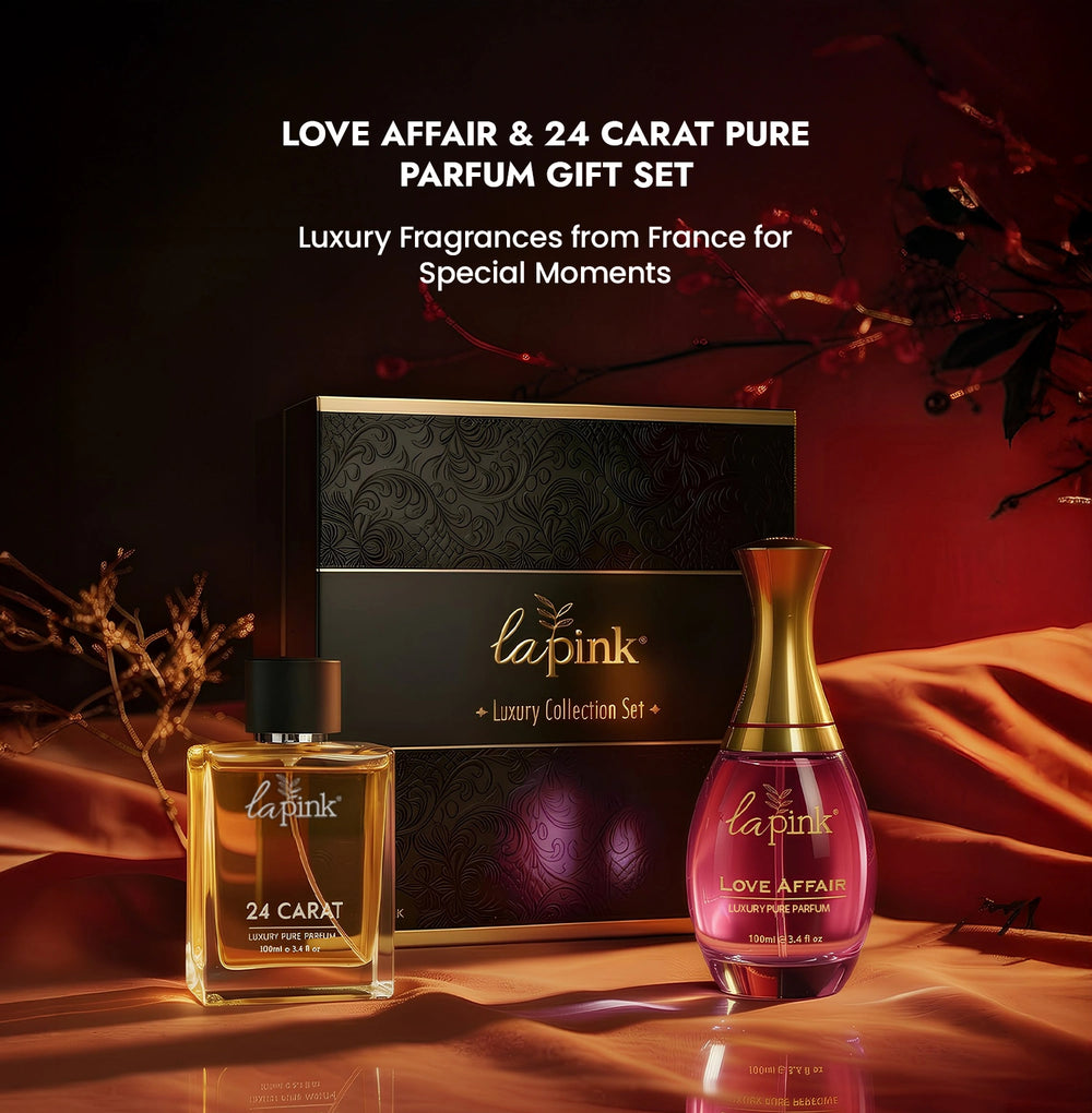 Lapink perfume gift set with 'Love Affair' and '24 Carat' on a dark background