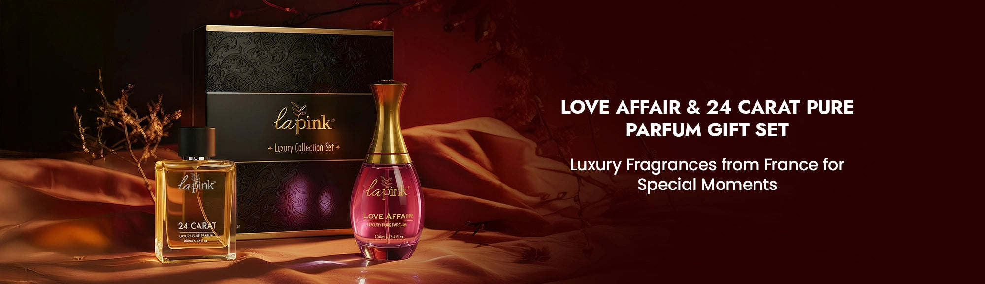 La Rive perfume gift set with bottles and packaging on a dark background