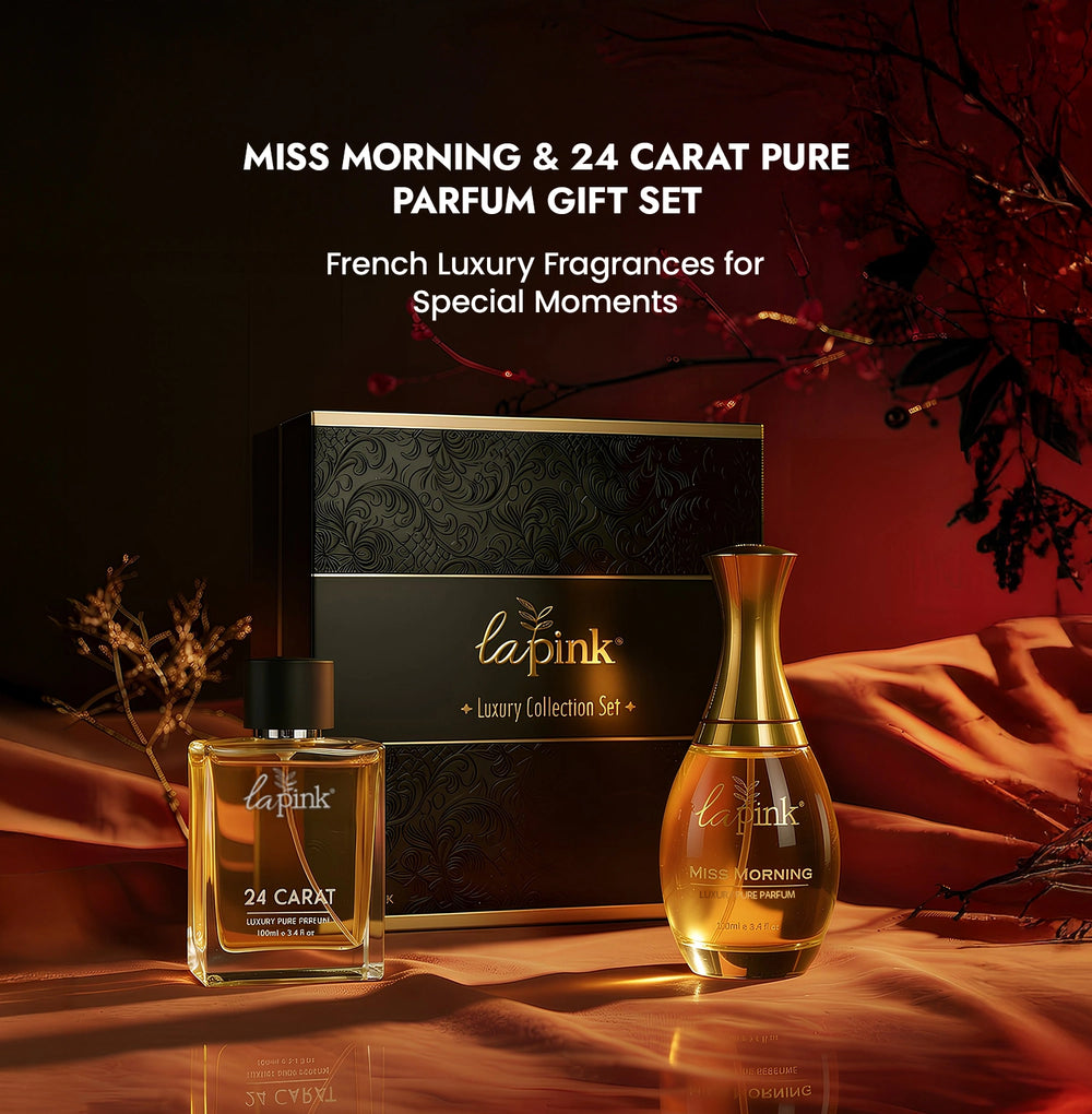 Miss Morning & 24 Carat Pure Parfum Gift Set with 'lapink' branding on a dark background.