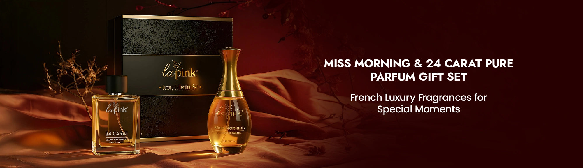 La Rive perfume gift set with bottles and packaging on a dark background