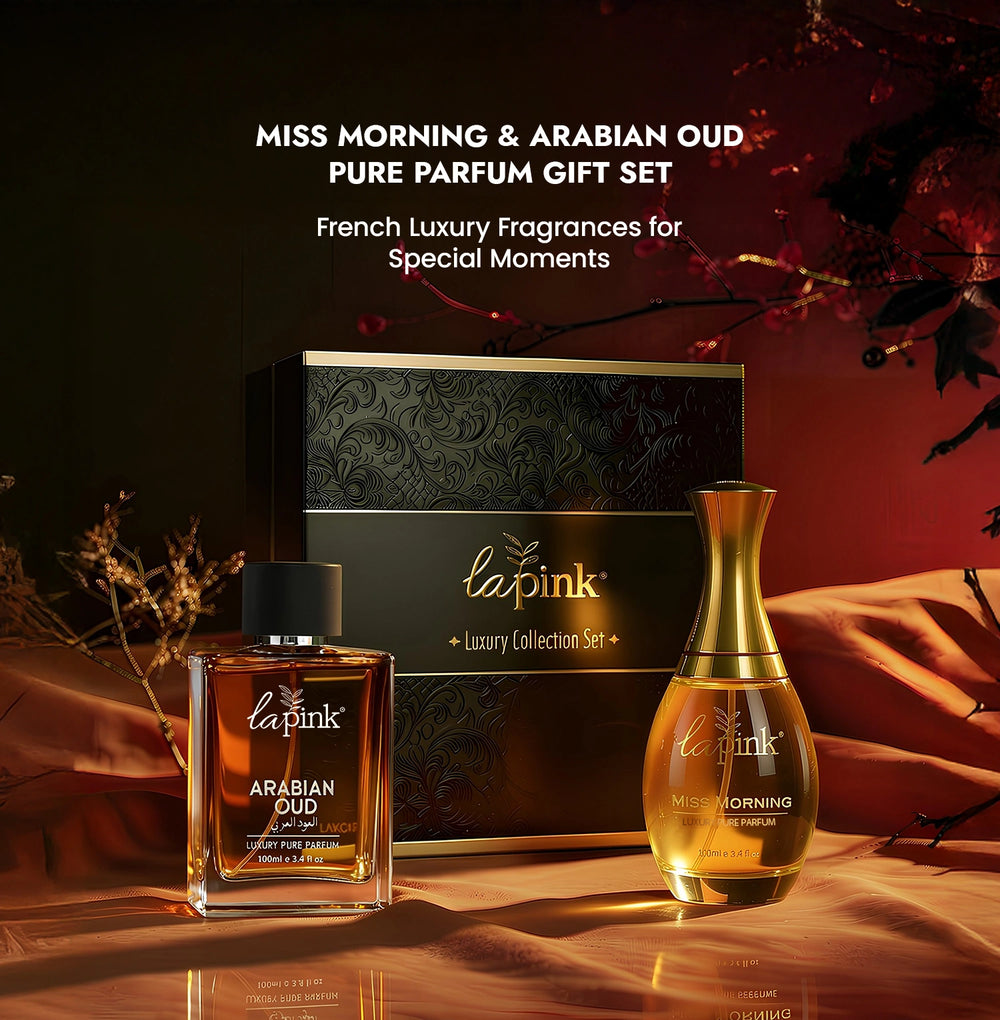 Lapink perfume set with 'Miss Morning' and 'Arabian Oud' on a dark background