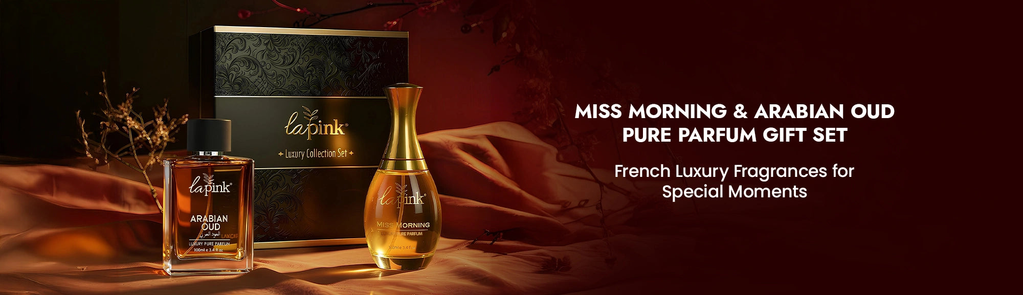 La Fleur perfume gift set with bottles and packaging on a dark background