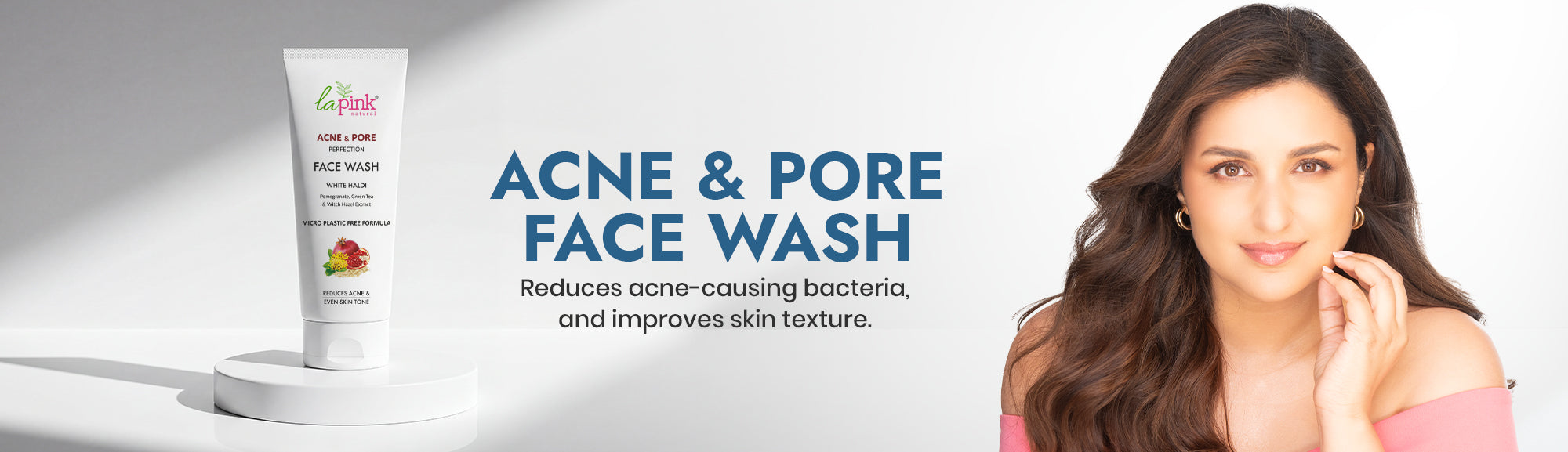 Acne and pore face wash with a woman on a white background