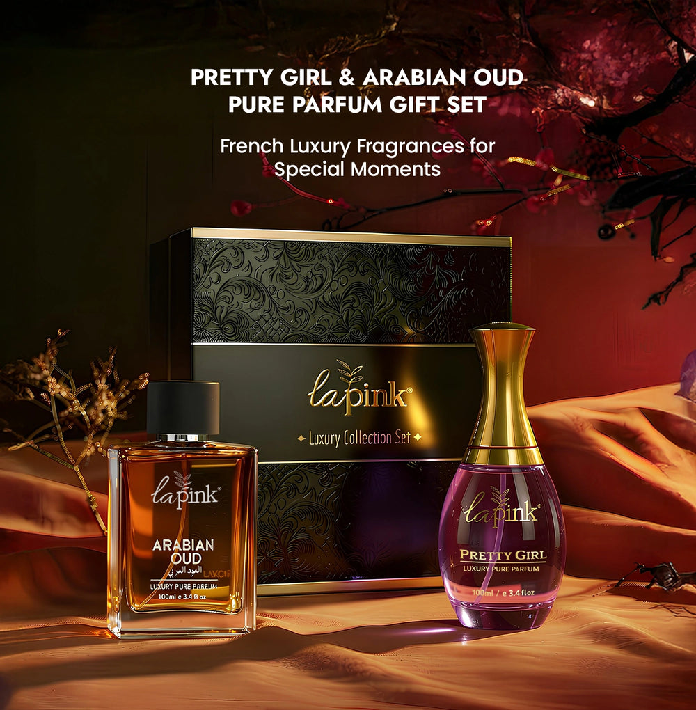 Two perfume bottles, 'Arabian Oud' and 'Pretty Girl', with a gift set box labeled 'lapink' on a warm-toned fabric background.