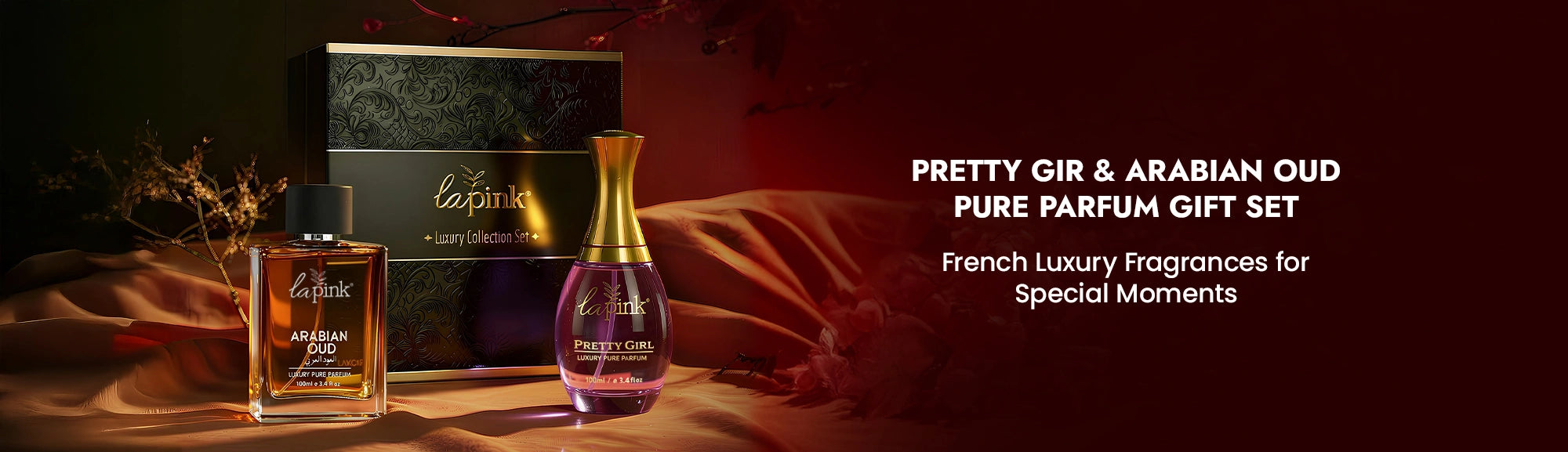 La Ferte perfume gift set with bottles and packaging on a dark background