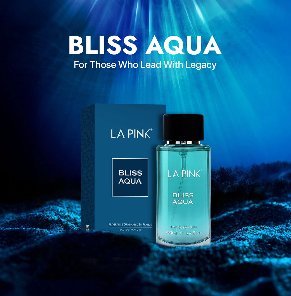 La Pink Bliss Aqua perfume bottle and packaging on a blue underwater background