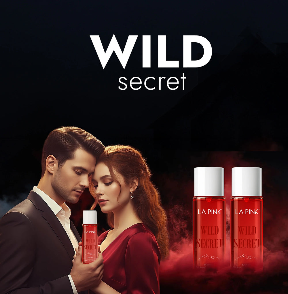 Advertisement for 'Wild Secret' with a couple holding products against a dark background