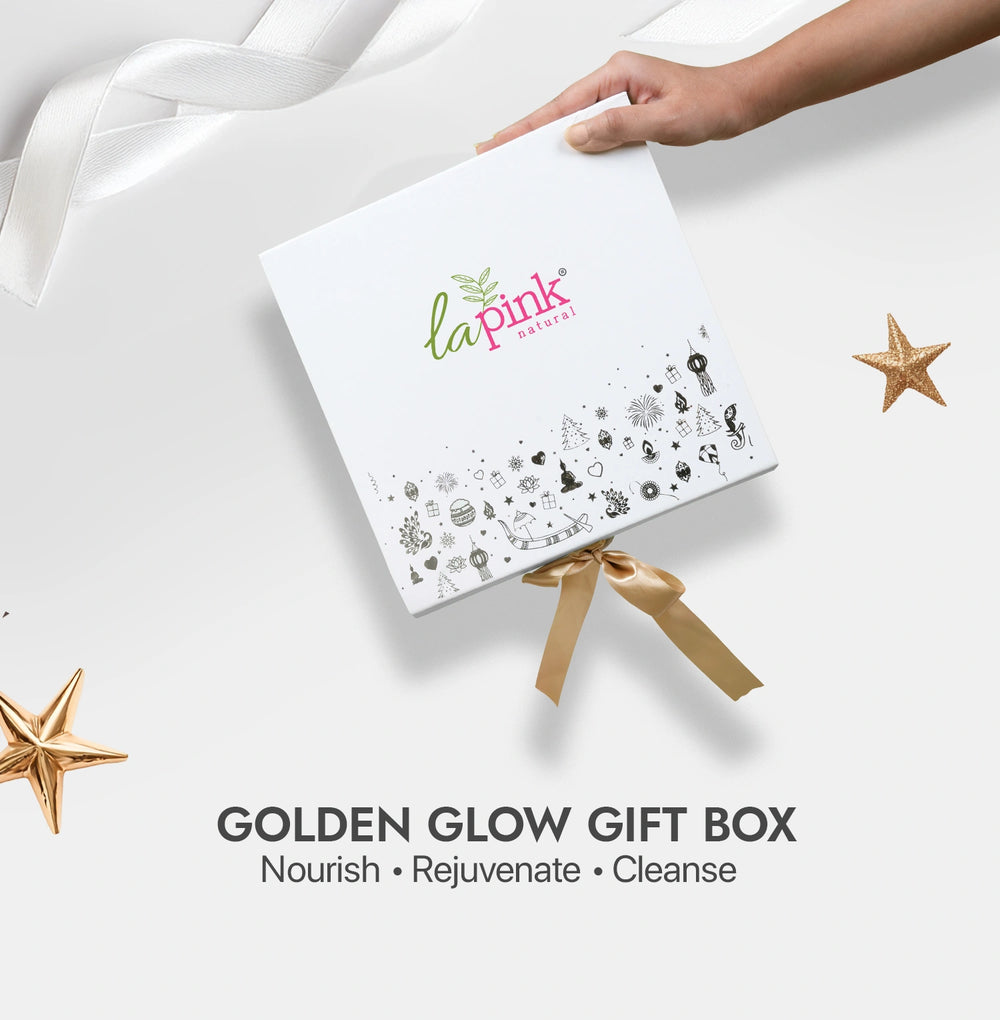 La Pink Golden Glow Gift Box with decorative elements on a white background