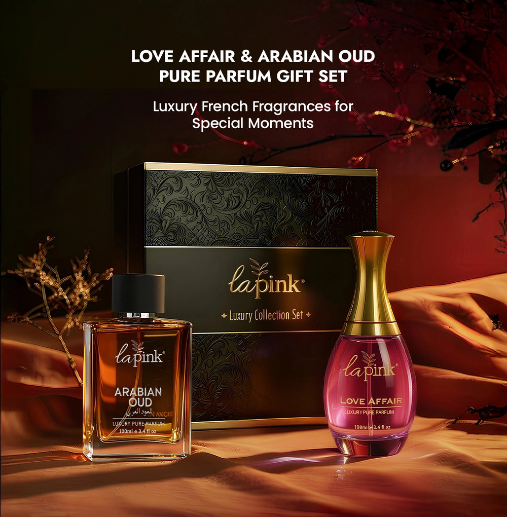 Two perfume bottles, 'Arabian Oud' and 'Love Affair', with a decorative box labeled 'lapink' on a dark background.