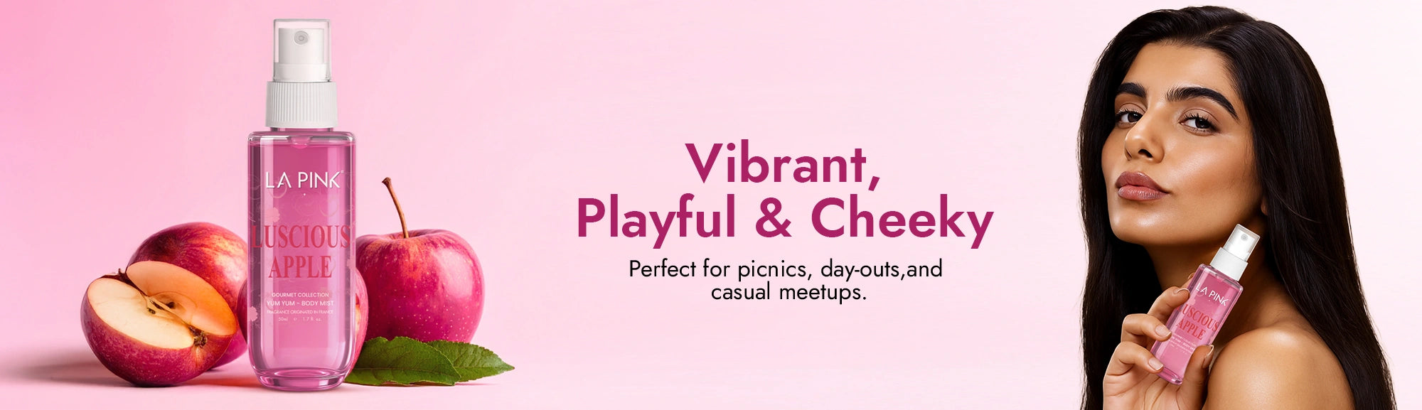 Pink spray bottle with apples on a pink background, featuring text about the product's use.